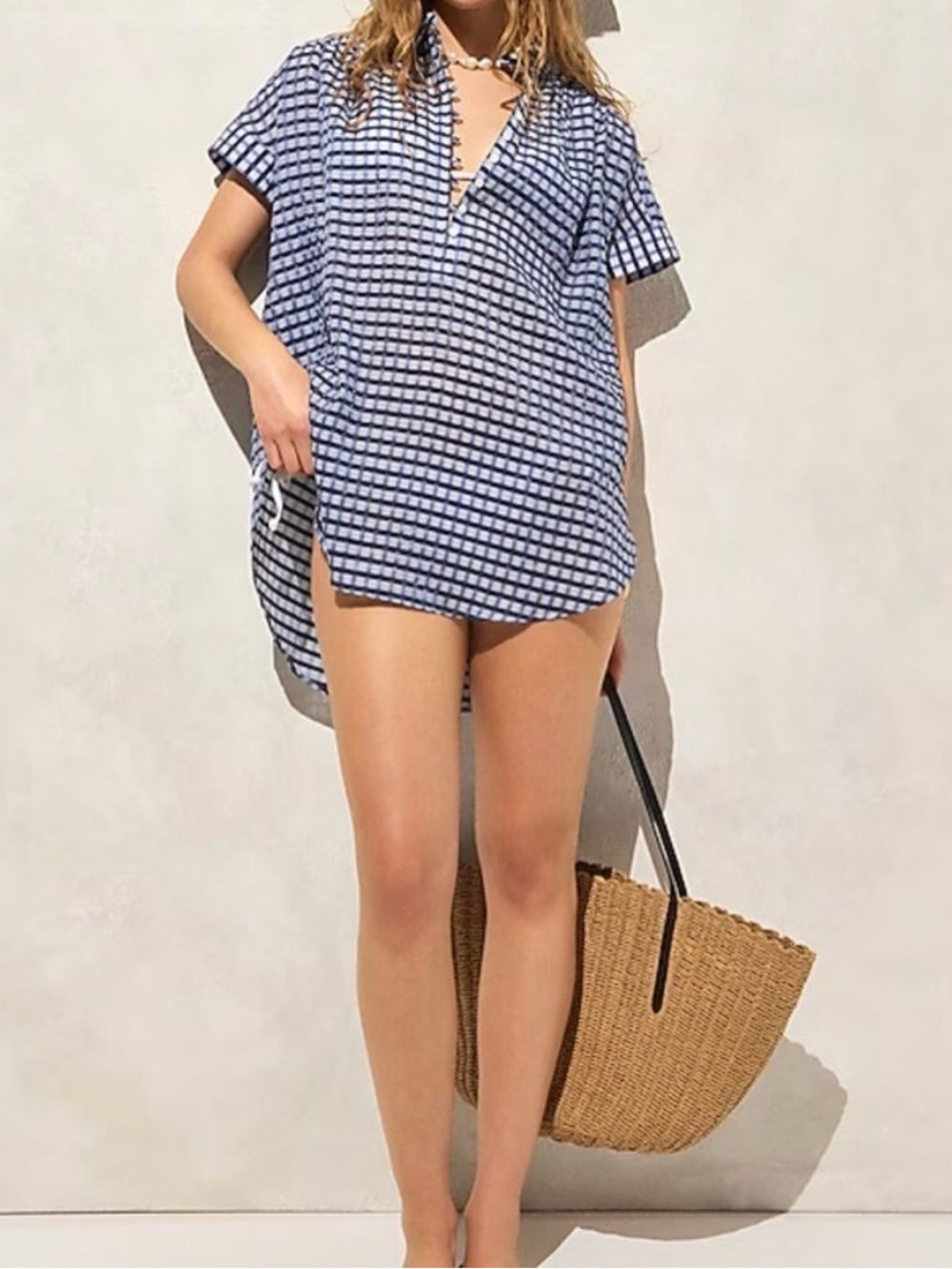 J.Crew Crinkled Tunic Beach Dress in gingham. size Large like new!